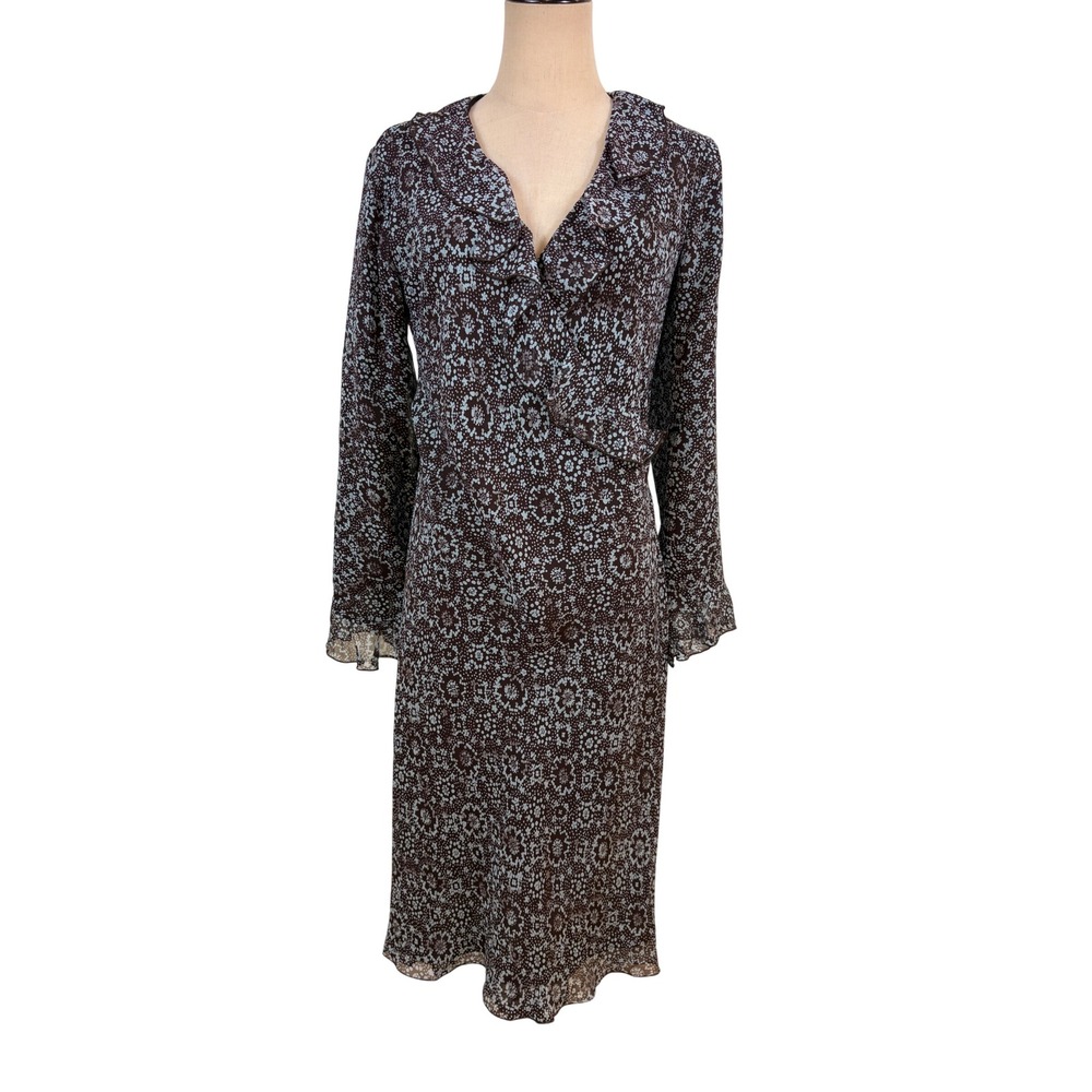 Silk Faux Wrap midi dress Floral brown Ruffle‎ Sz L 90s minimalist Boho Elegant